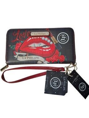 La Philipe Red Lips Wristlet Wallet w/ Vibrant Embellished Bling Lips Bikercore